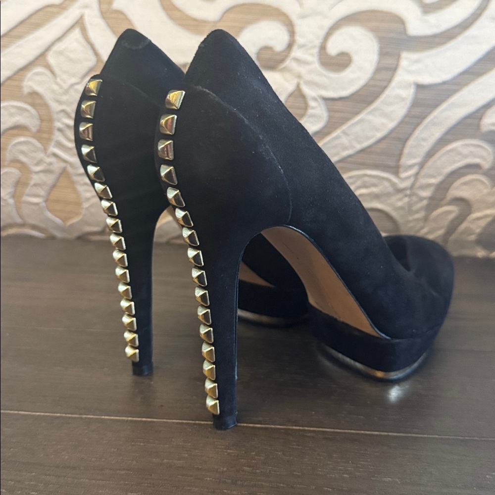 Vince Camuto - Black Suede High Heel Platform Pump with Gold Heel Accents